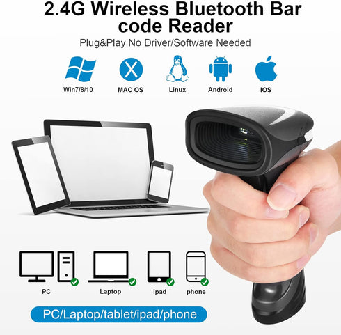 Bluetooth QR Barcode Scanner, PDF417 Rechargeable Code Scanner Wireless, Data Matrix 2D Barcode Rearder Cordless Connect Smart Phone, Tablet, PC, ...
