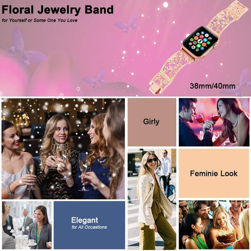 Floral Band Compatible with Apple Watch Jewelry Band 38mm 40mm 41mm 42mm iWatch Bands Series 10 9 8 7 SE,Bling Crystal Bracelet Hollow Metal Strap...
