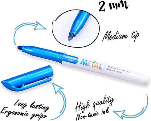 YUANCHENG Metallic Marker Pens, Set of 12 Medium Point Metallic Markers for Black Paper, Acid-Free, Smooth Writing, Ideal for Arts & Crafts, Scrap...
