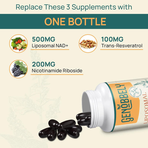GENOBBELY 800 mg Liposomal NAD+ Supplement with Nicotinamide Riboside 200 mg, Trans-Resveratrol 100 mg - True NAD Supplement for DNA Repair, Healt...