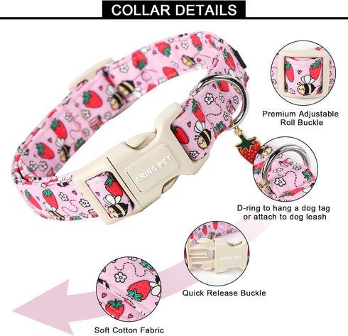 ARING PET Summer Dog Collar-Cute Pink Dog Collar for Small Dogs, Adjustable Strawberry Bees Print Pet Collars Puppy Collar for Small Medium Large ...