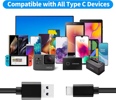 1FT USB C Cable 10Gbps Data Transfer, USB C 3.1 Gen 2 to USB Cable, Type C 3A Fast Charging Cable for iPhone 15, Galaxy S21/S20, Samsung T7, Porta...