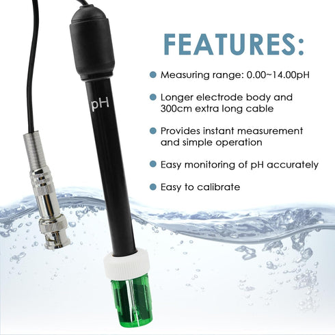 0-14 pH Electrode Probe, pH Meter with Replacement BNC Connector and 300cm Cable Sensor for ph Monitor Controller Tester Meter Kit Set for Aquariu...