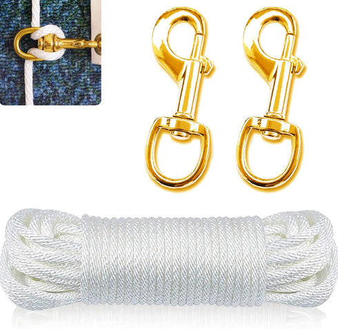 50 FT Flagpole Halyard Rope + 2 Pcs 3.5" Flag Swivel Snap Clips - Flag Pole Hardware Accessories Kit Rope with Eye Bolt Gold Hooks...