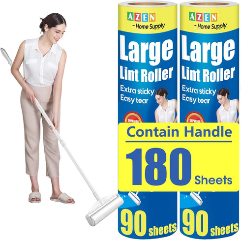 AZEN Large Lint Rollers for Pet Hair Extra Sticky, 9.45 in Sticky Rollers for Floor Carpet, 180 Sheets Giant Lint Roller Refills with 3 Extendable...