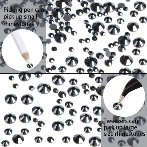LPBeads 6400 Pieces Hotfix RhinestonesJet Hematite Flat Back 5 Mixed Sizes Crystal Round Glass Gems with Tweezers and Picking Rhinestones Pen...