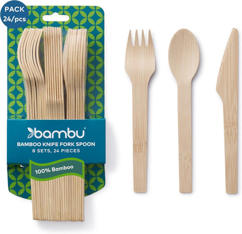 Bambu, Disposable Bamboo Utensils, Set of 100% Organic Biodegradable and Compostable Knives, Forks and Spoons for Weddings, Parties, Picnics, Even...