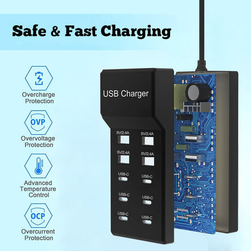USB C Charger,10 Ports USB Charger Station with 6 Ports USB-C Charger, Desktop 50W Multi Port USB Charger Compatible with iPhone/Huawei/LG/Google ...