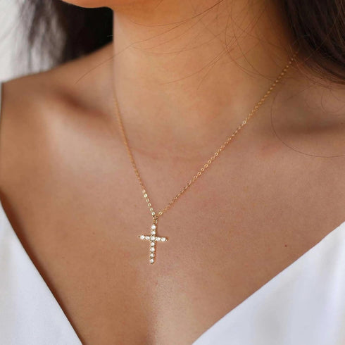 Tewiky Diamond Cross Necklace for women-Dainty 14k Gold Cubic Zirconia Pendant Necklaces Simple Gold Cross Pendant Necklace Cute Tiny Gold Jewelry...