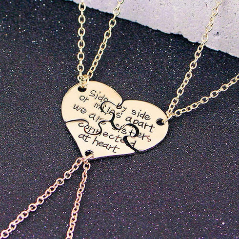 3 Pcs Best Friends Forever Engraved Necklace Broken Heart Charm Pendant Set BFF Friendship Necklace (Gold - " We are sisters connected at heart ")...