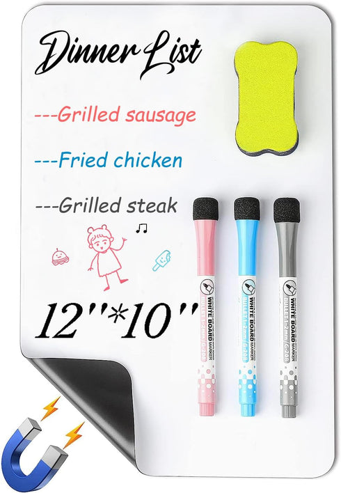 Magnetic Dry Erase Whiteboard for Fridge with 3 Markers and Eraser - Refrigerator White Board Planner and Organizer - 12"x10" Size by INSCOOL...