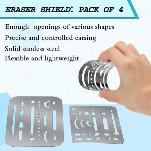 Clabby 4 Pieces Erasing Shield Stainless Steel Drawing Template Shield Drafting Tools with 26 Openings or 27 Openings for Mechanical Drawing Engin...