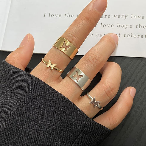 4Pcs Butterfly Band Rings Set for Women,Adjustable Gold Silver Hollow Butterfly Open Ring Matching Stacking Rings for Couples Wedding Jewelry...