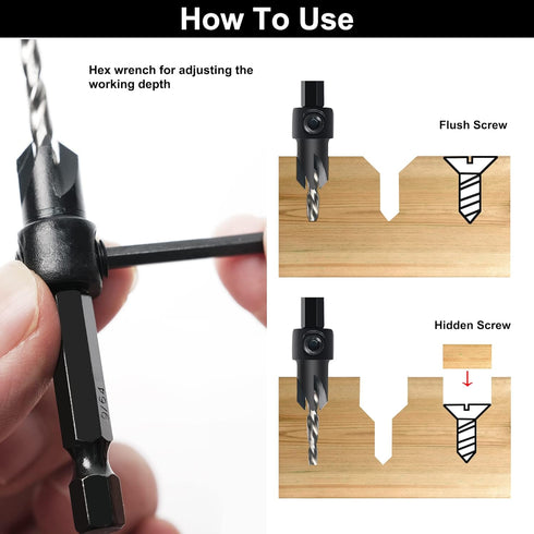Countersink Drill Bit Set, 5Pcs Tapered Drill Bits M2 HSS, with 1/4" Hex Shank Quick Change and Allen Wrench, Counter Sinker Set for Woodworking a...