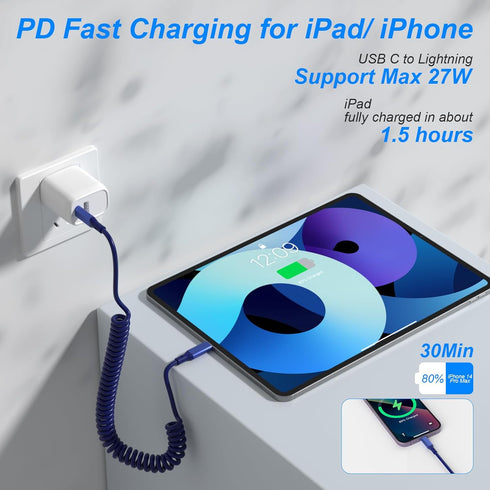 Coiled USB-C to Lightning Charging Cable for CarPlay - Apple MFi Certified, Fast Charging, Sync Data, for iPhone 14 13 12 11 X XS Pro, Pro Max, Pl...