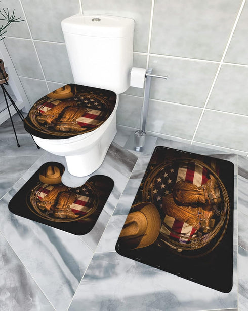 T&H Home Bath Rug Sets 3 Piece for Bathroom - USA Western Mat, Cowboy Hat with Boots Rope on American Flag Ultra Soft Non Slip and Absorbent Showe...