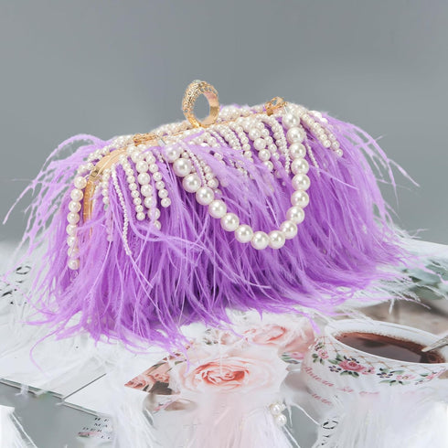Feather Clutches Purses for Women Bag?Pearl Fluffy Evening Handbags for Wedding Anniversary Party...