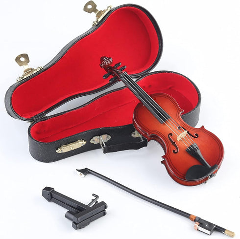 Dselvgvu Wooden Miniature Violin with Stand,Bow and Case Mini Musical Instrument Miniature Dollhouse Model Ornament Home Decoration (5.63"x2.05"x0...