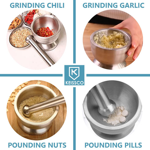Stainless Steel Mortar and Pestle Set, Spices Grinder Pill Crusher with Silicone Protective Lid - Heavy Duty Mortar Pestle for Molcajete Herb Bowl...
