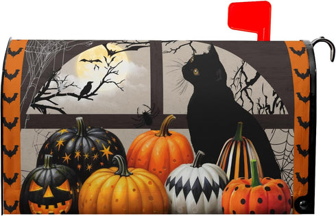 Black Cat Halloween Mailbox Covers Magnetic Standard Size 21"x18" Fall Halloween Pumpkins Magnetic Mailbox Covers Halloween Mailbox Decorations Le...