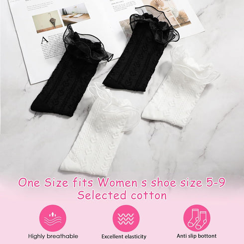 2 Pairs Women Frilly Socks Women's Lace Ruffle Ankle Socks White Lace Ankle Socks Princess Style Dress Socks for Women Girls...