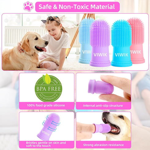 Dog Bath Gloves with 4Pack Dog Toothbrush, Dog Grooming Kit, Dog Finger Toothbrush for Small Breed, Medium Large Dogs, Silicone Dog Washing Gloves...