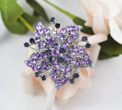 Gyn&Joy Silvery Tone Purple Violet Amethyst Colored Crystal Rhinestones Lily Floral Wedding Flower Brooch Pin...