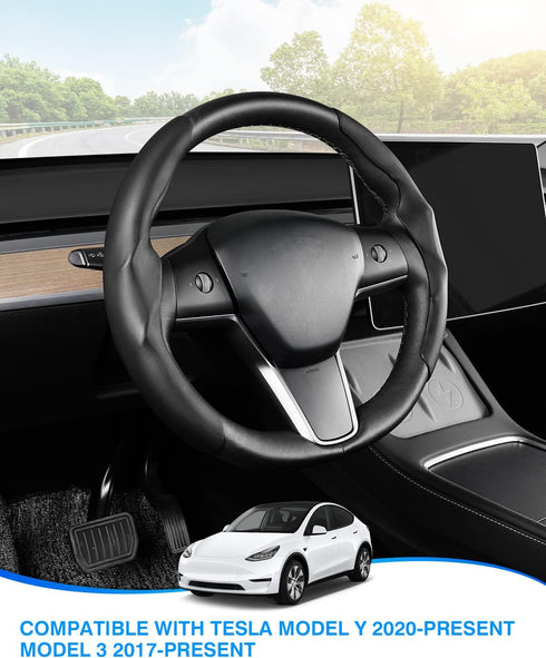 Custom-Fit Steering Wheel Cover for Tesla, Telsa Model 3 / Y Leather Steering Wheel Cover for Men/Women, Anti-Slip, Comfortable Grip, Breathable, ...