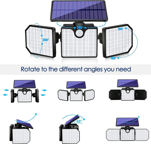 Solar Wall Lights Outdoor,3 Adjustable Head 270° Wide Angle Lighting,Motion Sensor,230 LED 260Lm Flood Lights,IP65 Waterproof for Porch Yard Garag...
