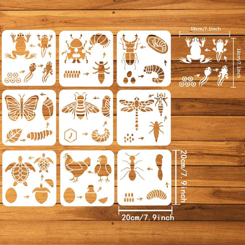 FINGERINSPIRE 9PCS Animal Growth Painting Stencil 7.8x7.8inch Reusable Animal Growth Cycle Stencil Frog Ladybug Stag Beetle Butterfly Bee Dragonfl...