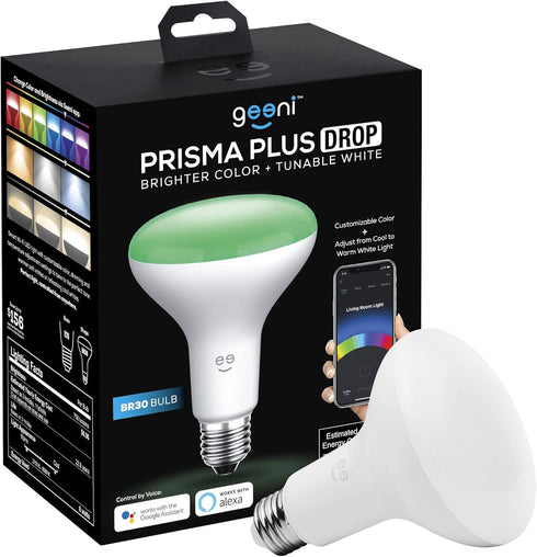 Geeni Prisma Drop 2700K-6500K Tunable and Dimmable BR30 LED Smart Light Bulb, RGBW Wifi Bulb, No Hub Required, Compatible with Alexa and Google As...