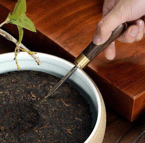 Puer Tea Knife - Stainless Steel Tea Pick with Wooden Handle & Teapot Brush, Vintage Tea Tool for Breaking Puerh Tea Cakes (Dark Brown, 210mm)...