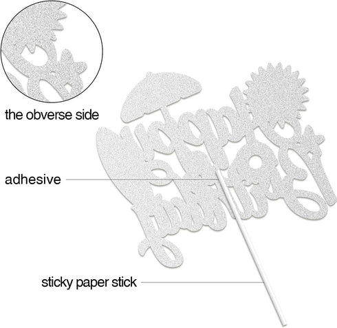LINGBOOM Summer Beach Happy Birthday Cake Topper - Blue Glitter - 10.7*15 cm/4.2*5.9 inches - Multicolored - Birthday Occasion...