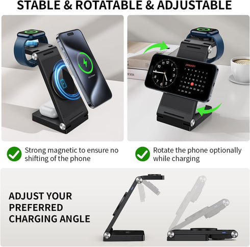 3 in 1 Wireless iPhone Charging Station,Mag-Safe Charger Stand,Travel Charger for Multiple Devices for iPhone 15/14/13/12/Pro/Pro Max/Mini,A pple ...