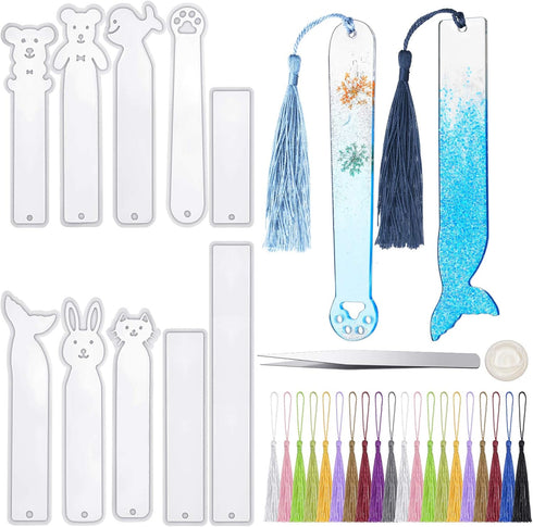 10 Pieces Silicone Bookmark Resin Mold DIY Bookmark Mould Epoxy Resin Casting Mold in 10 Cute Styles with 20 Pieces Random Color Tassels Craft, 20...