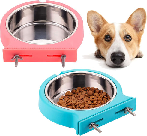 kathson 2 Pack Crate Dog Bowl Removable Stainless Steel Water Food Bowl Hanging Pet Cage Coop Cup for Rabbit Cat Puppy Bird Bunny Small Animals...