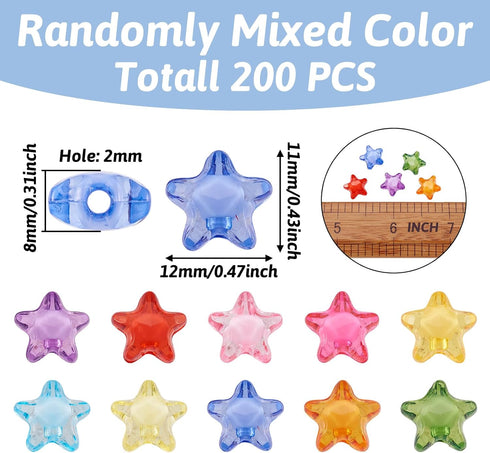 Craftdady 200pcs Transparent Random Mixed Colors Acrylic Star Spacer Beads 12x11mm Round Bead Inside Plastic Loose Charms with 2mm Hole for DIY Je...