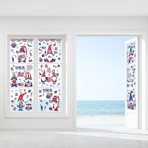 138Pcs Patriotic Window Clings 4th of July Gnome American Flag Firework Window Decals Red Blue Star Stripe Double-Sided Prints PVC Stickers for In...