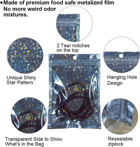 Holographic Bags 4x6 Inch,100PCS Star Pattern Resealable Mylar Bags Zip Lock Bags For Food Storage Candy Wrap Jewelry Lip gloss...