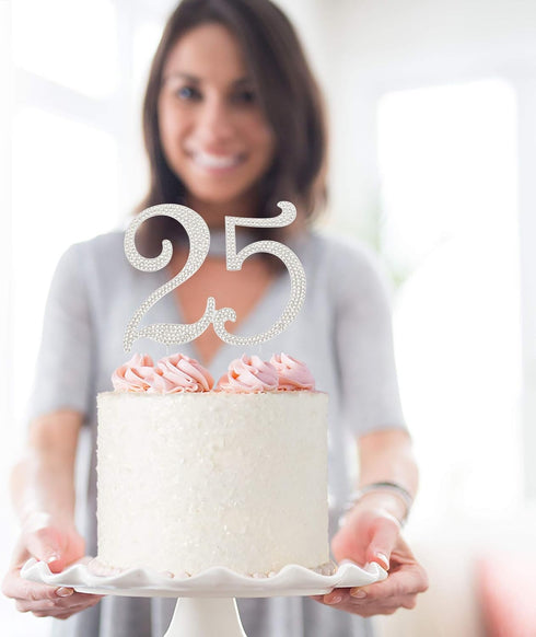 25 Cake Topper - Premium Silver Metal - 25th Birthday or Anniversary Party Sparkly Rhinestone Decoration Makes a Great Centerpiece - Now Protected...