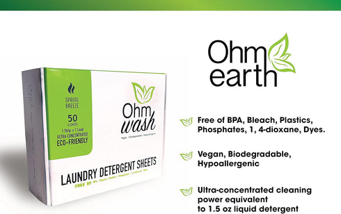 Ohm Earth’s Ohm Wash - Laundry Detergent Sheets Hypoallergenic, Eco-friendly & Biodegradable, Plastic-Free Liquidless Concentrated Strips for Sens...