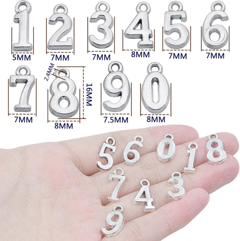 100pcs Antique Silver Arabic Numerals 0-9 Charms Digital Figures Number Pendant Charms Craft Supplies for DIY Necklace Bracelet Jewelry Making Acc...