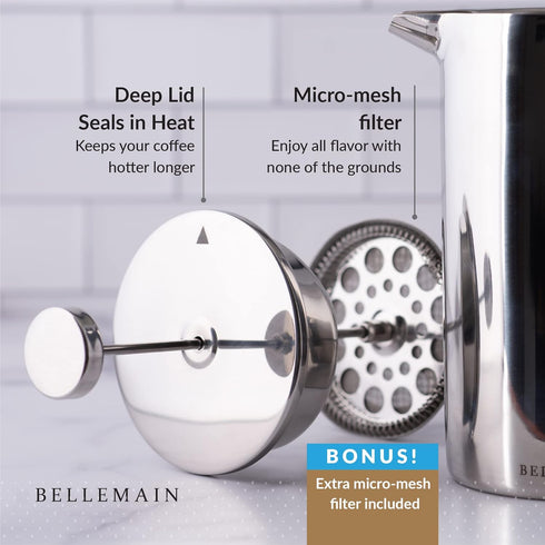 Bellemain French Press Coffee Maker Extra Filters Included, 35 oz, Stainless Steel...