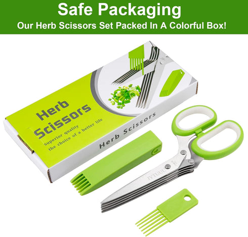 Herb Scissors, Multipurpose Sharp Kitchen Herb Cutter Shears with 5 Stainless Steel Blades, Safety Cover, Cleaning Comb, Cool Kitchen Gadgets for ...