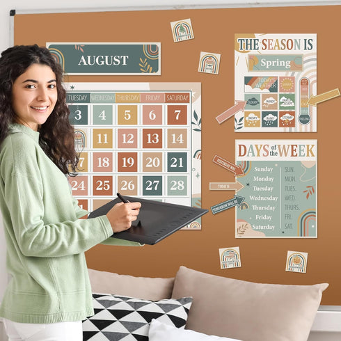 Modern Boho Calendar Bulletin Board Set for Classroom Decoration Rainbow Calendar Seasons Weather Chart Boho CTP Bulletin Board Paper-Cuts for Tea...