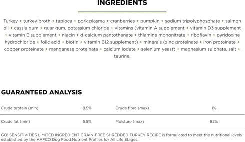 GO! SOLUTIONS Sensitivities Limited Ingredient Wet Dog Food - Grain Free Shredded Turkey Recipe - Complete & Balanced Nutrition for All Life Stage...