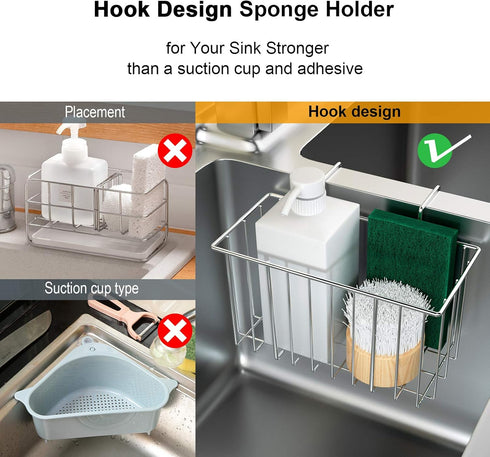 Kitchen Sink Sponge Holder, Super Sturdy Hooked Design Kitchen Sink Caddy Organizer for Dish Cloth, Soap Dishwashing Liquid Drainer, Rustproof & D...
