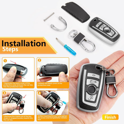 for BMW Keychain with Leather Keychain, Advanced Soft TPU Surface Grain Key Fob Holder for Classic Style BMW Smart Key(Silver)...