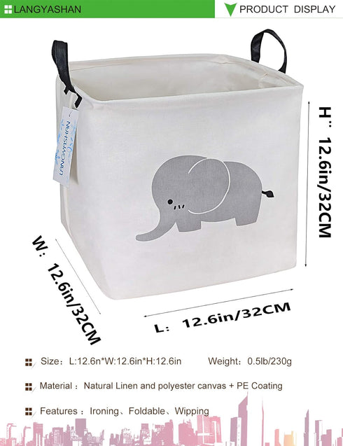 LANGYASHAN Square Storage Baskets Waterproof Canvas Children Laundry Nursery Hamper for Shelves Gift Baskets Toy Organizer Room Decor (Elephant)...