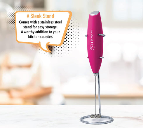 Elementi Electric Milk Frother with Stand - Drink Mixer Handheld & Drink Frother - Coffee Whisk - Pink Coffee Maker - Electric Frother - Espumador...